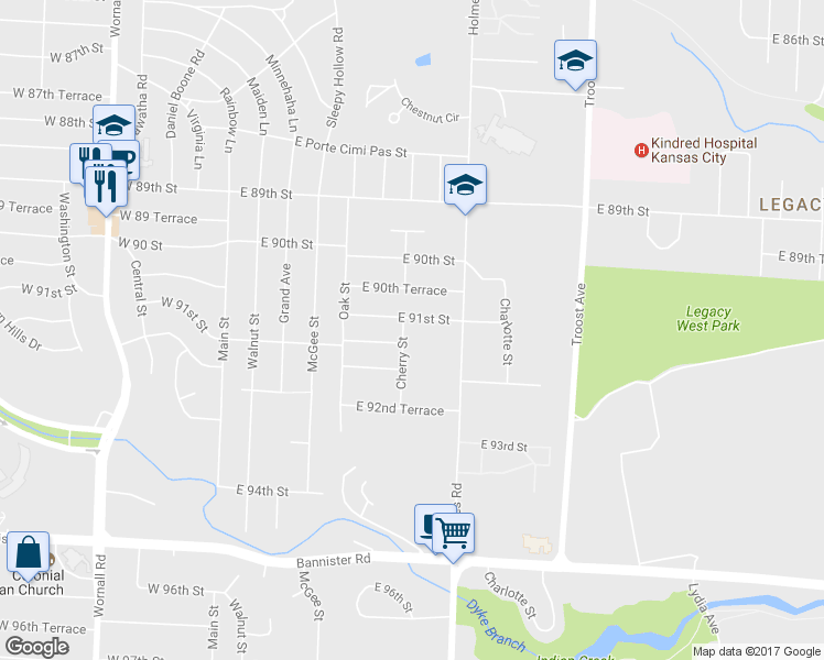 map of restaurants, bars, coffee shops, grocery stores, and more near 9105 Cherry St in Kansas City