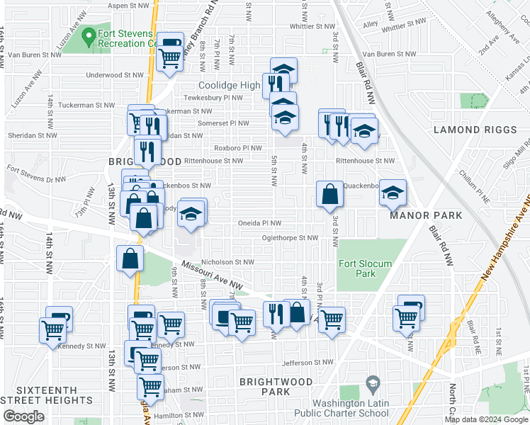 map of restaurants, bars, coffee shops, grocery stores, and more near 510 Peabody Street Northwest in Washington