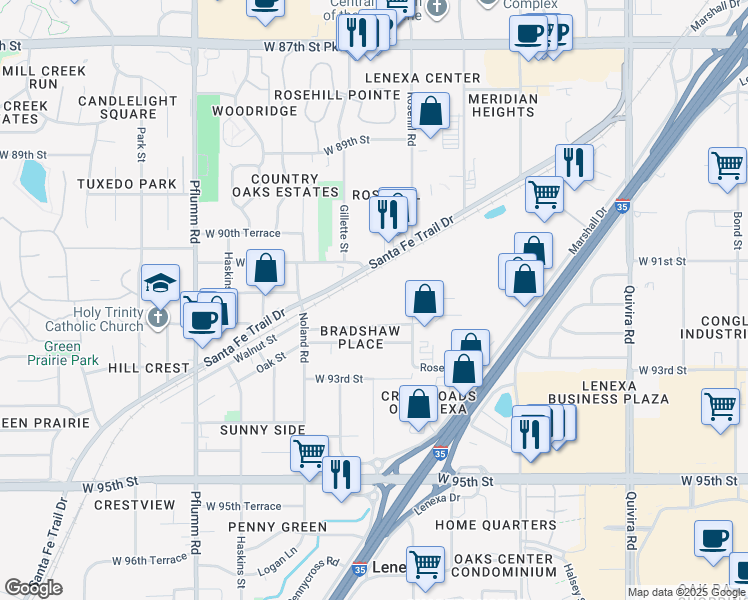 map of restaurants, bars, coffee shops, grocery stores, and more near 9131 Noland Road in Lenexa