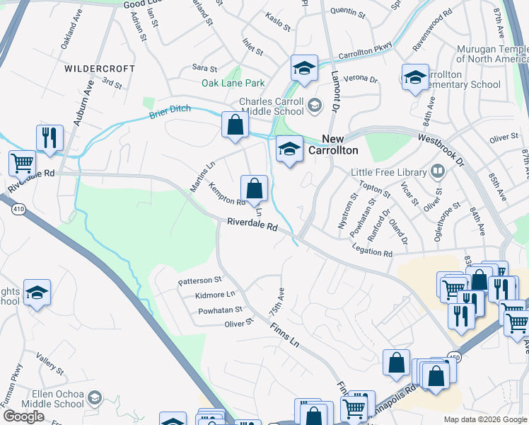 map of restaurants, bars, coffee shops, grocery stores, and more near 7404 Lois Lane in Lanham