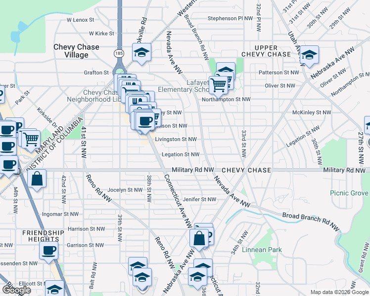 map of restaurants, bars, coffee shops, grocery stores, and more near 5442 Chevy Chase Parkway Northwest in Washington