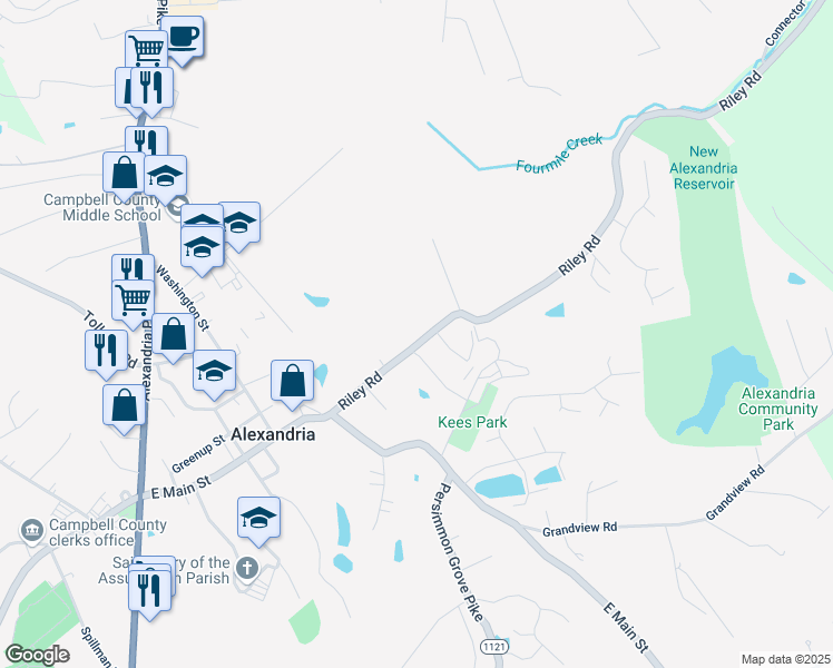 map of restaurants, bars, coffee shops, grocery stores, and more near 8298 Riley Road in Alexandria