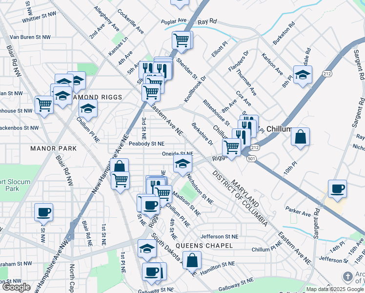 map of restaurants, bars, coffee shops, grocery stores, and more near 525 Peabody Street Northeast in Washington