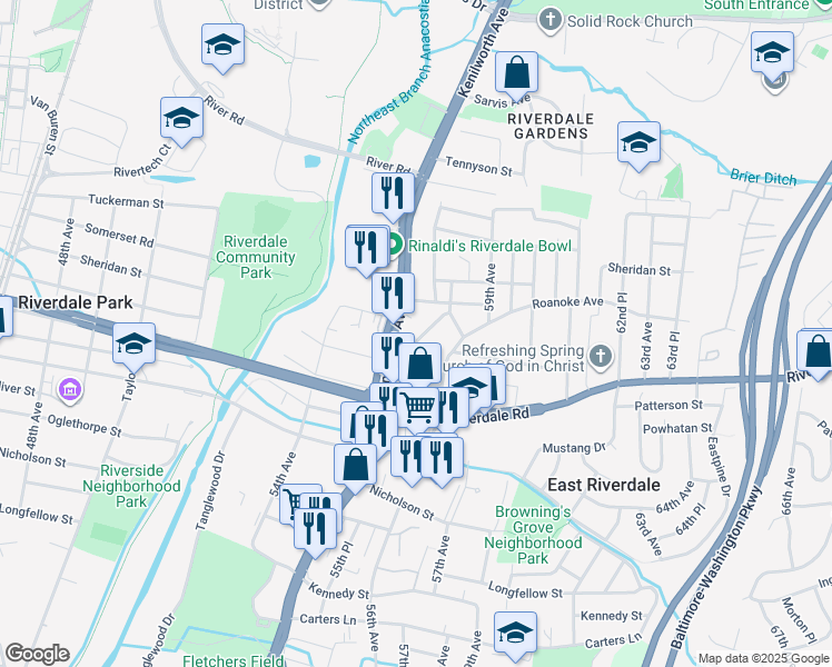 map of restaurants, bars, coffee shops, grocery stores, and more near 6208 57th Avenue in East Riverdale
