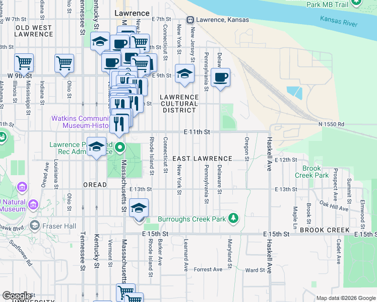 map of restaurants, bars, coffee shops, grocery stores, and more near 1135 New Jersey St in Lawrence
