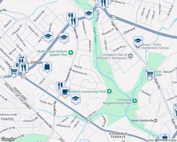 map of restaurants, bars, coffee shops, grocery stores, and more near 1329 Ray Road in Hyattsville