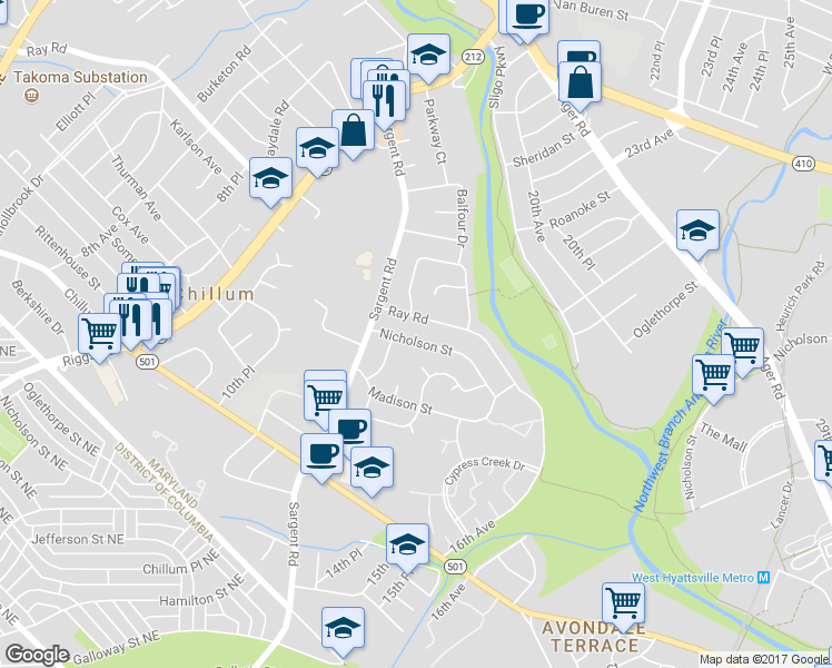 map of restaurants, bars, coffee shops, grocery stores, and more near 1314 Nicholson Street in Hyattsville