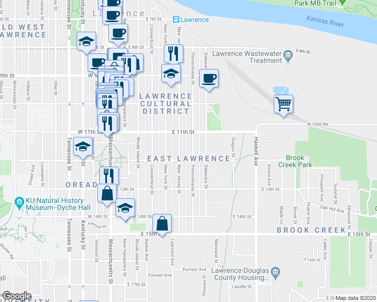 map of restaurants, bars, coffee shops, grocery stores, and more near 1133 Pennsylvania Street in Lawrence