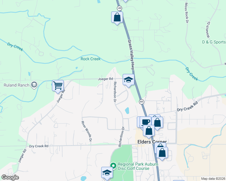 map of restaurants, bars, coffee shops, grocery stores, and more near 4349 Richardson Drive in Auburn