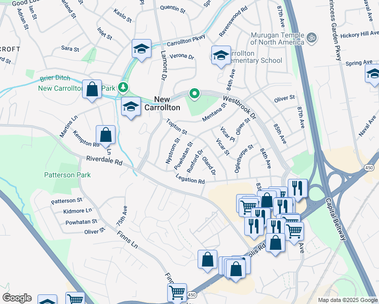map of restaurants, bars, coffee shops, grocery stores, and more near 7811 Powhatan Street in New Carrollton