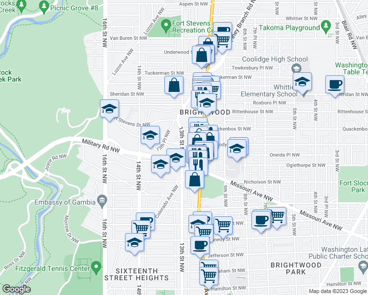map of restaurants, bars, coffee shops, grocery stores, and more near 5925 13th Street Northwest in Washington
