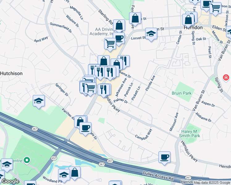 map of restaurants, bars, coffee shops, grocery stores, and more near 409 Arkansas Avenue in Herndon