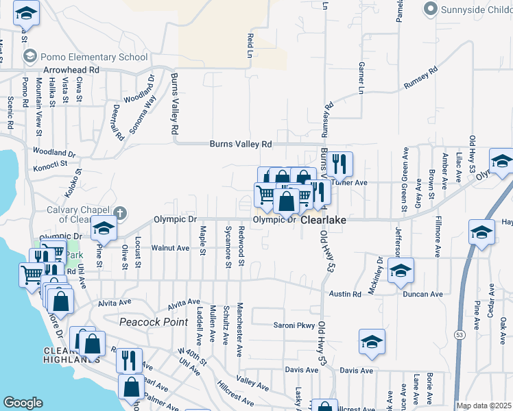 map of restaurants, bars, coffee shops, grocery stores, and more near 14760 Olympic Drive in Clearlake