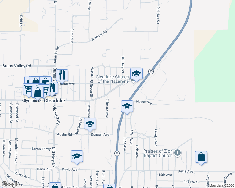 map of restaurants, bars, coffee shops, grocery stores, and more near 3445 Garfield Avenue in Clearlake