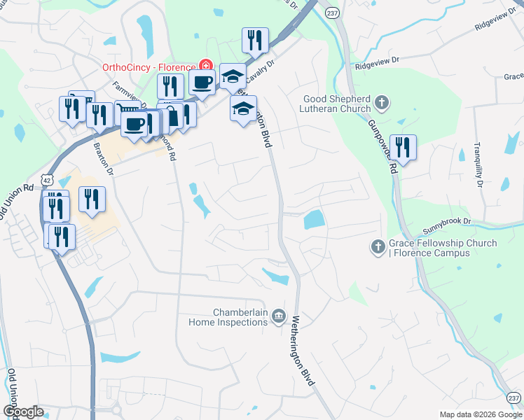 map of restaurants, bars, coffee shops, grocery stores, and more near 9318 Hardwicke Lane in Florence