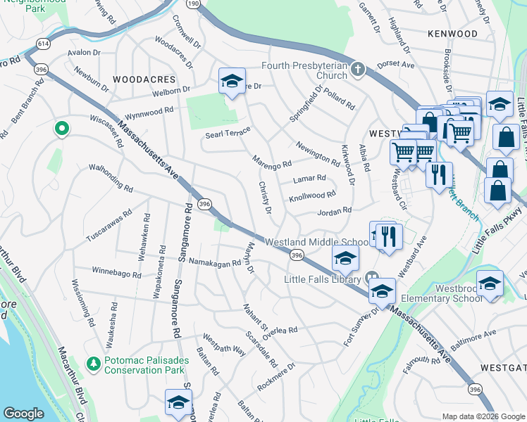 map of restaurants, bars, coffee shops, grocery stores, and more near 5408 Christy Drive in Bethesda
