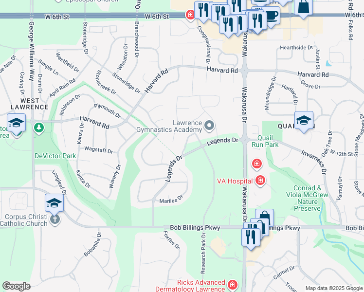 map of restaurants, bars, coffee shops, grocery stores, and more near 1308 Morgan Ct in Lawrence