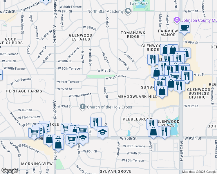 map of restaurants, bars, coffee shops, grocery stores, and more near 7929 West 92nd Street in Overland Park