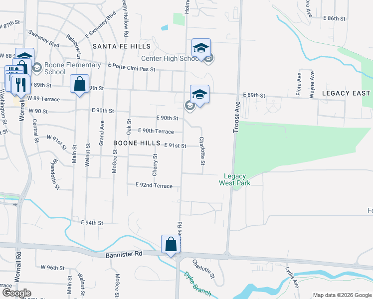 map of restaurants, bars, coffee shops, grocery stores, and more near 9101 Holmes Road in Kansas City
