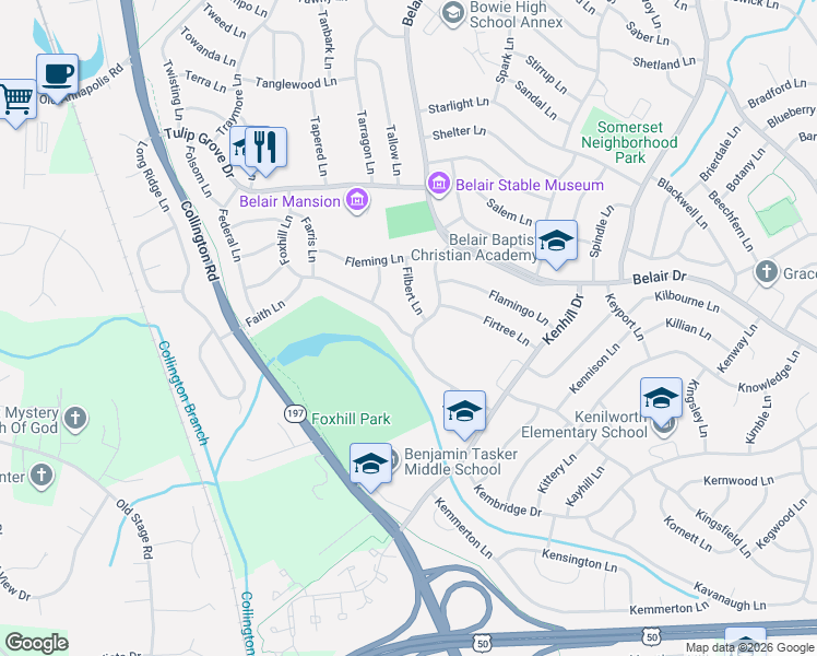 map of restaurants, bars, coffee shops, grocery stores, and more near 2700 Felter Lane in Bowie