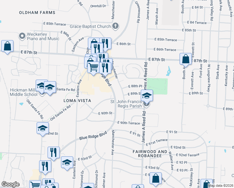 map of restaurants, bars, coffee shops, grocery stores, and more near 8820 Manchester in Kansas City