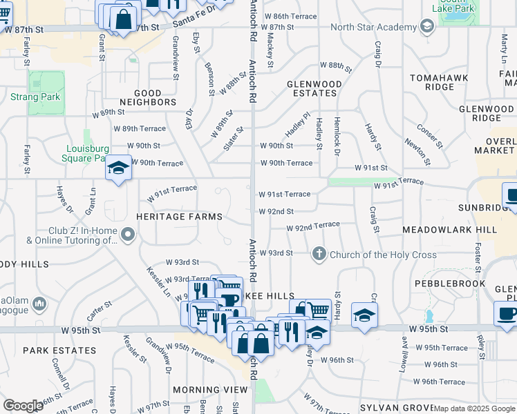 map of restaurants, bars, coffee shops, grocery stores, and more near 8616 West 92nd Street in Overland Park