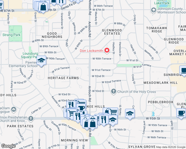 map of restaurants, bars, coffee shops, grocery stores, and more near 8616 West 92nd Street in Overland Park