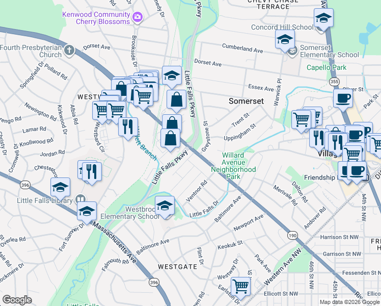 map of restaurants, bars, coffee shops, grocery stores, and more near 5032 River Rd in Bethesda
