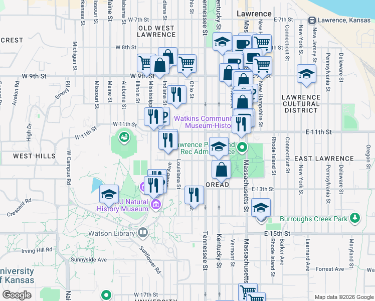 map of restaurants, bars, coffee shops, grocery stores, and more near 1131 Ohio Street in Lawrence