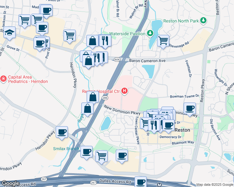 map of restaurants, bars, coffee shops, grocery stores, and more near 1868 Town Center Drive in Reston
