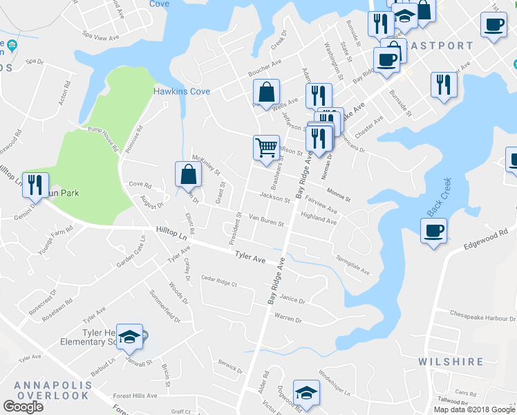 map of restaurants, bars, coffee shops, grocery stores, and more near 1208 Brashears Street in Annapolis