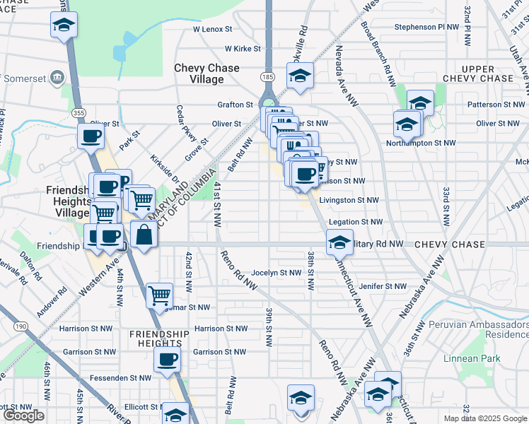 map of restaurants, bars, coffee shops, grocery stores, and more near 5430 39th Street Northwest in Washington