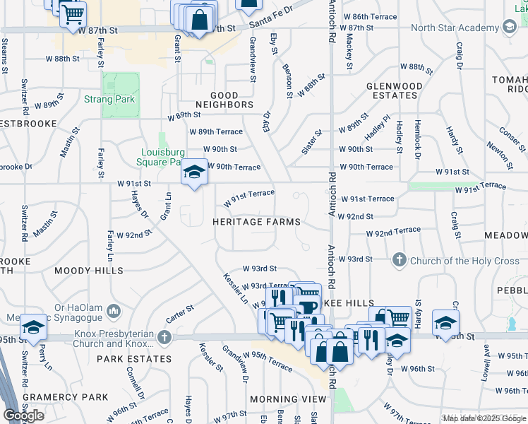 map of restaurants, bars, coffee shops, grocery stores, and more near 9114 West 92nd Street in Overland Park