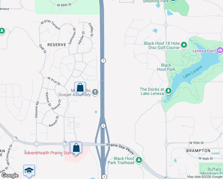 map of restaurants, bars, coffee shops, grocery stores, and more near 9125 North K7 Highway in Lenexa