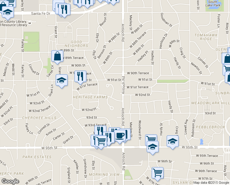 map of restaurants, bars, coffee shops, grocery stores, and more near 9129 Slater Street in Overland Park