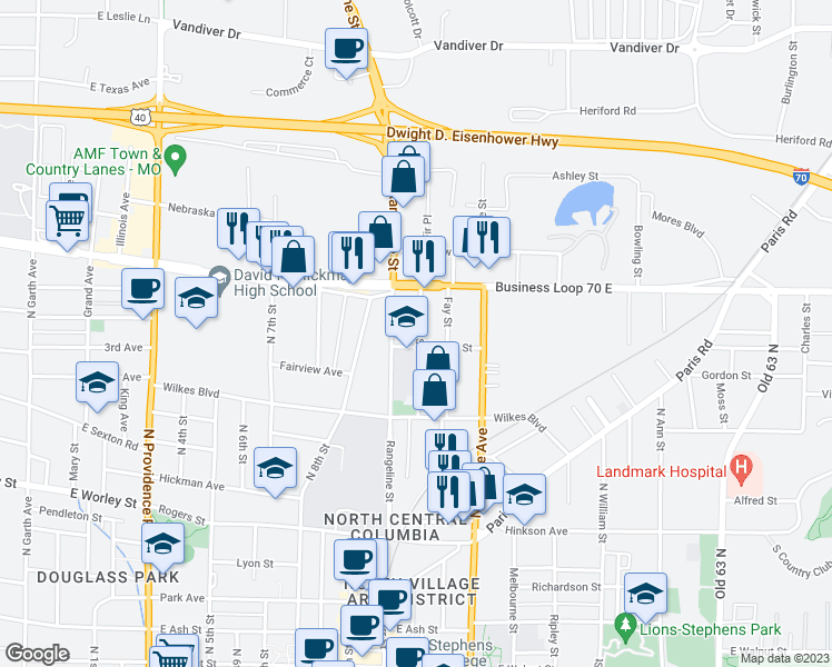 map of restaurants, bars, coffee shops, grocery stores, and more near 1105 Pannell Street in Columbia