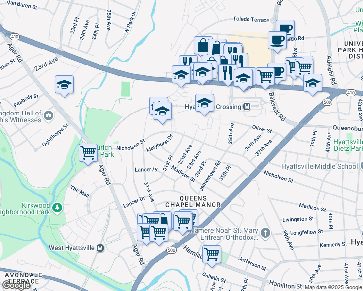 map of restaurants, bars, coffee shops, grocery stores, and more near 5825 31st Place in Hyattsville