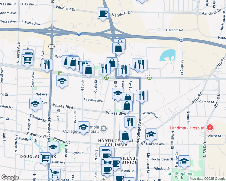 map of restaurants, bars, coffee shops, grocery stores, and more near 1105 Rangeline Street in Columbia
