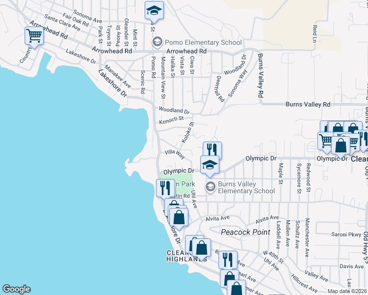 map of restaurants, bars, coffee shops, grocery stores, and more near 14132 Kabal Street in Clearlake