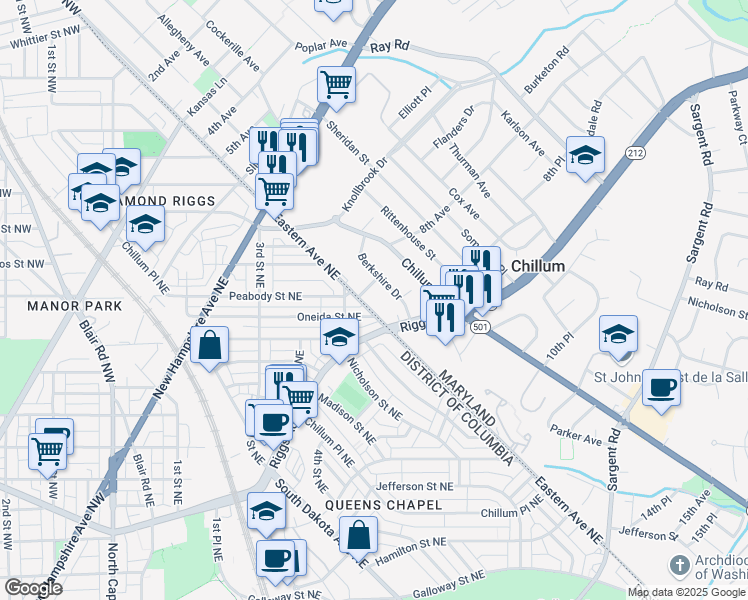 map of restaurants, bars, coffee shops, grocery stores, and more near 5913 Eastern Avenue Northeast in Adelphi