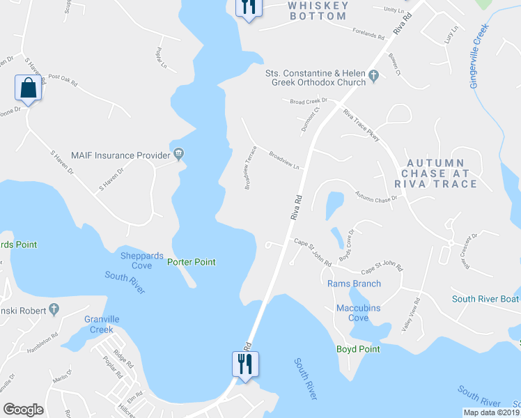 map of restaurants, bars, coffee shops, grocery stores, and more near 2858 Riva Road in Annapolis