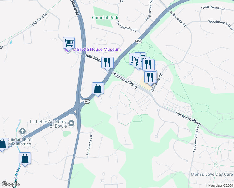 map of restaurants, bars, coffee shops, grocery stores, and more near 5304 Roberts Prospect Drive in Bowie