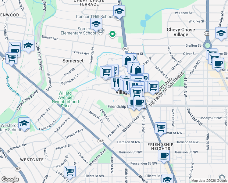 map of restaurants, bars, coffee shops, grocery stores, and more near 4515 Willard Avenue in Chevy Chase