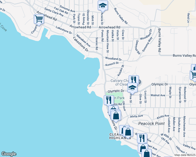 map of restaurants, bars, coffee shops, grocery stores, and more near 14045 Rosewood Ln in Clearlake