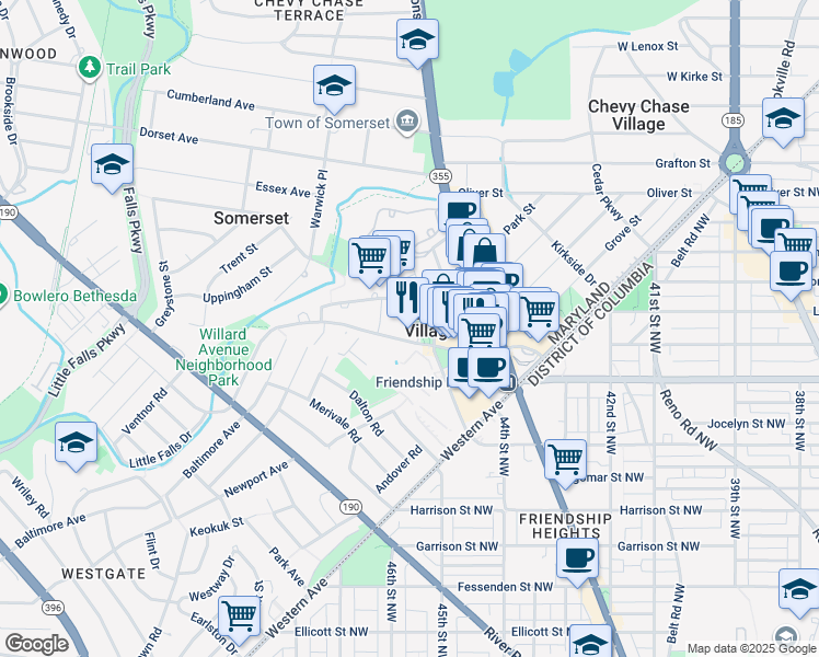 map of restaurants, bars, coffee shops, grocery stores, and more near 4515 Willard Avenue in Chevy Chase