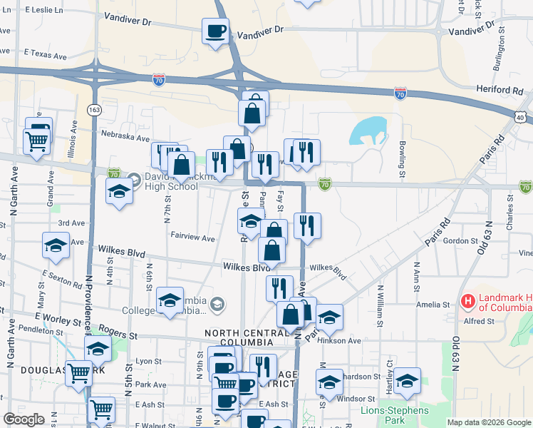 map of restaurants, bars, coffee shops, grocery stores, and more near 1104 Pannell Street in Columbia