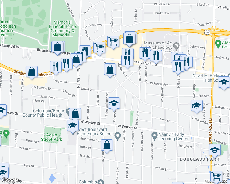 map of restaurants, bars, coffee shops, grocery stores, and more near 710 Mikel St in Columbia