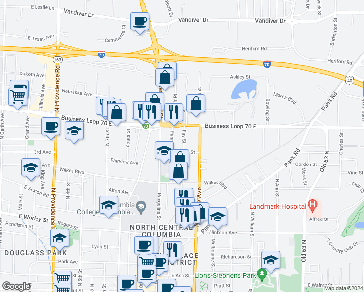 map of restaurants, bars, coffee shops, grocery stores, and more near 1105 Fay Street in Columbia