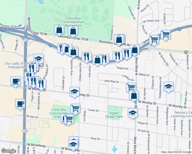 map of restaurants, bars, coffee shops, grocery stores, and more near 1408 Jean Rae Drive in Columbia