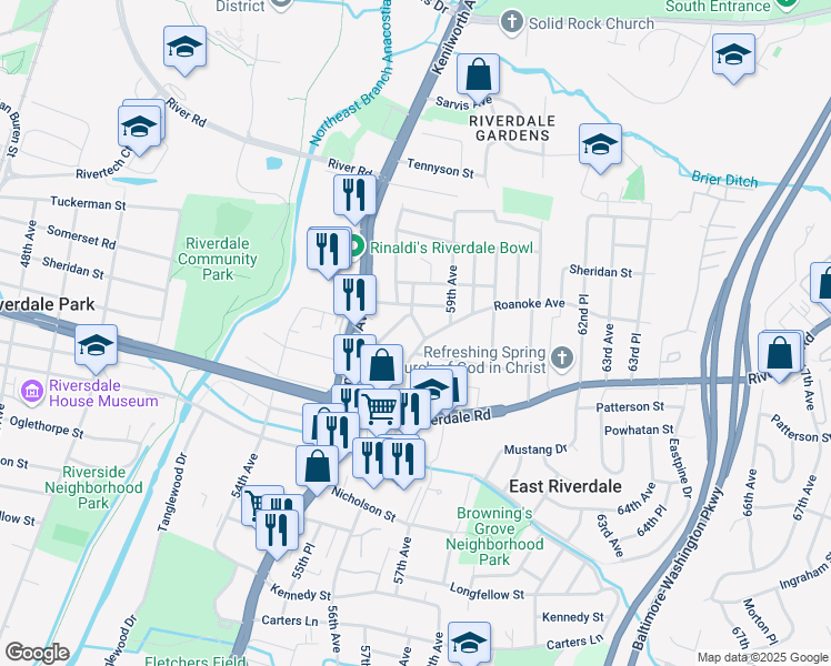 map of restaurants, bars, coffee shops, grocery stores, and more near 6218 58th Avenue in East Riverdale